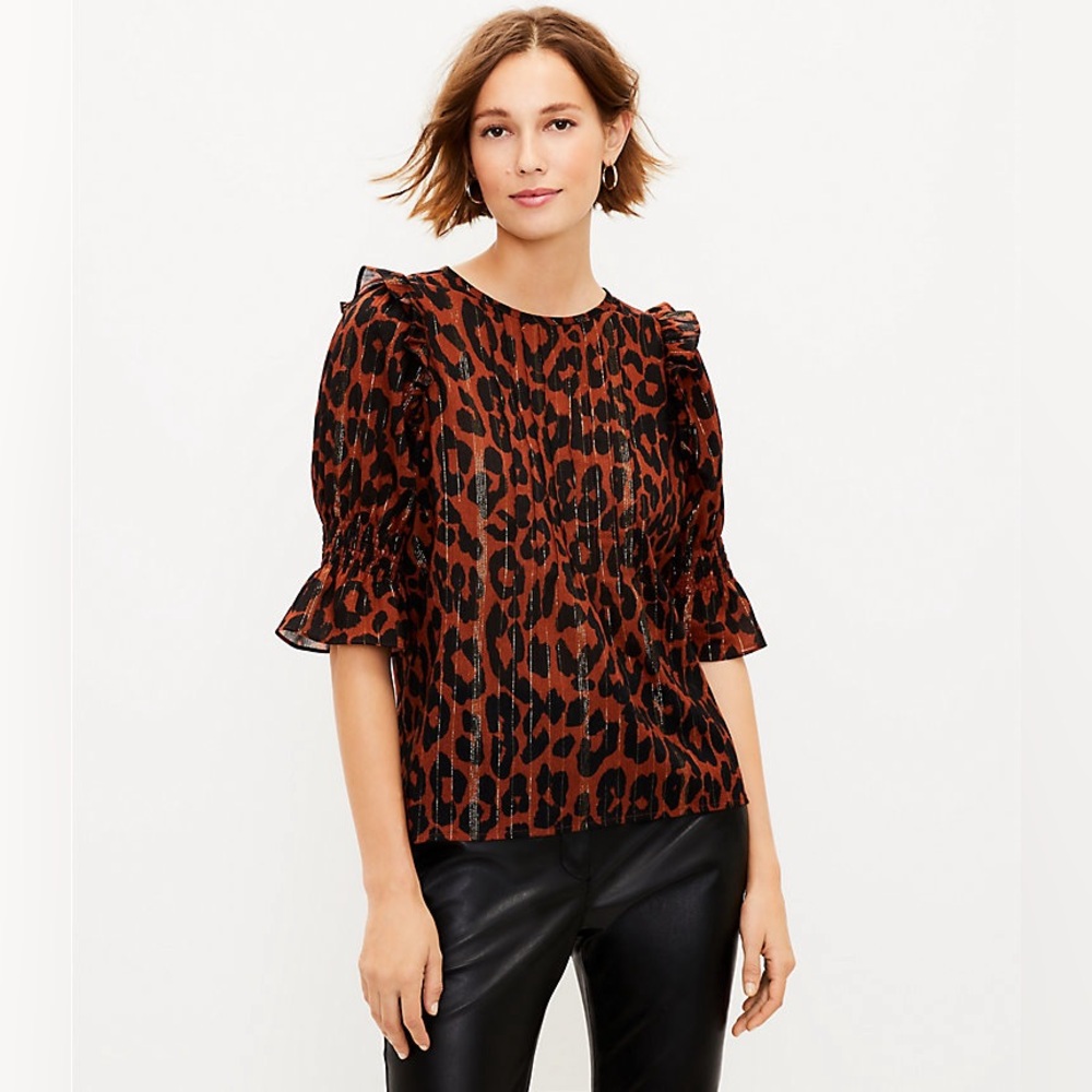 LOFT Shimmer Leopard Print Ruffle Sleeve Blouse Women’s Medium Brown Gold